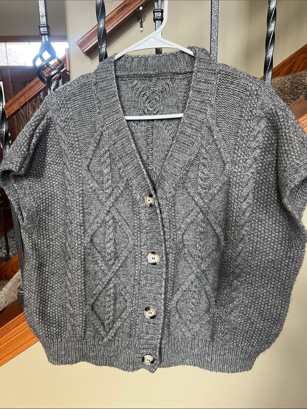 Gray Cable-Knit Button short sleeve Cardigan Sweater